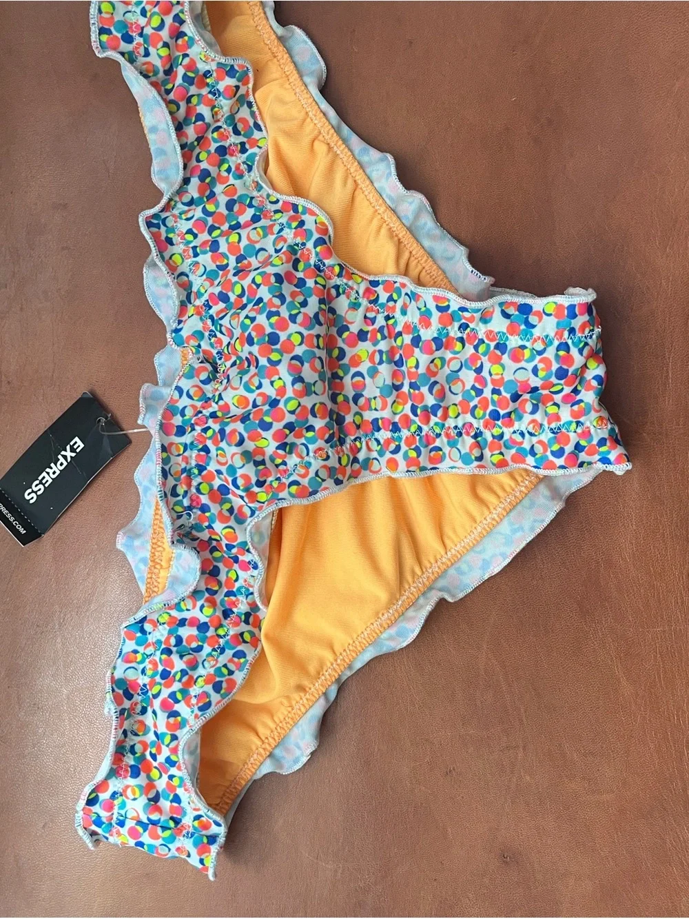 Express Multicolor Polka Dot Bandeau Bikini Top with Yellow Lining